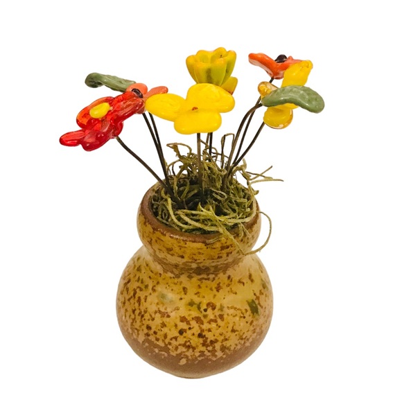 Miniature Czech Glass Flowers in Pottery Vase 5” Midcentury Vintage Boho Orange - Picture 6 of 12